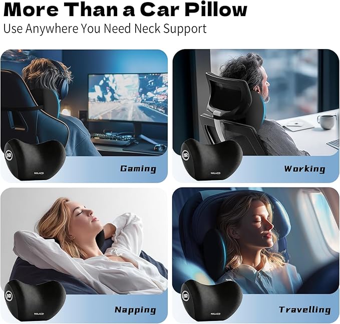 Car Neck Pillow & Headrest Support for Driving - Memory Foam Neck Support Pillow with Adjustable Strap & Removable Cover, Office Chair, Travel Essentials - 2 Pack (Grey)