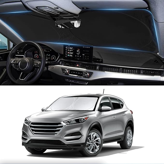 Custom Fit Tucson Windshield Sunshade for Hyundai Tucson 2016 2017 2018 2019 2020 2021 Front Window Shades Cover for Windshield Sun Visor Protector 210T Reflector Blocks UV Rays Cooler Car Accessories