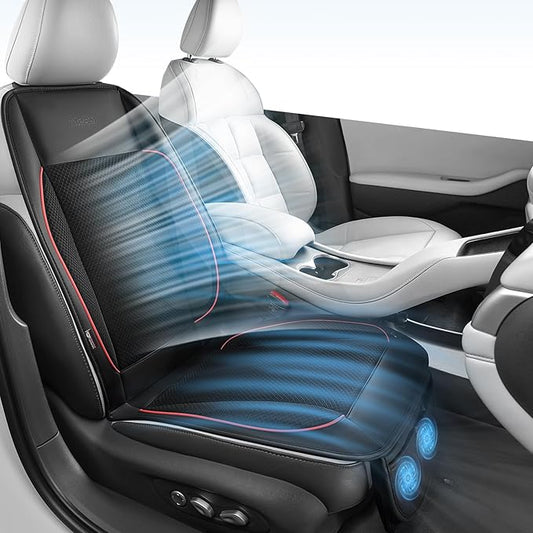 Coverado Cooling Car Seat Cushion, Universal Front Seat Cover 12V-24V Ventilated 3D Mesh Breathable Pad with 3 Speed Mode Dual Fan for Cars SUV Heatwave Driving Black&Red