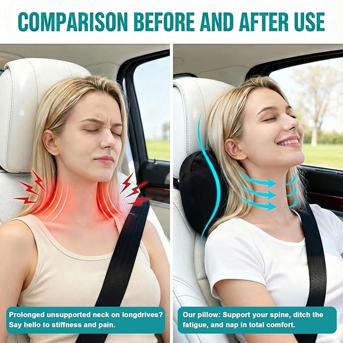 2PCS Car Pillow for Car Neck Pillow for Driving Seat Neck Support Soft Cushion Back Support Head-Rests for Vehicle Sleeping with Elastic Adjustment Strap (Brown, Head and Lumbar)