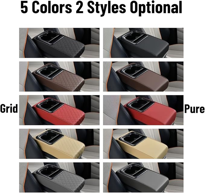 Center Console Cover Car Armrest Box Pad Leather Arm Rest Cushion with Cup Holder Mobile Phone Storage Armrest Protection Pad for Car (Grid Black, 13.58 * 8.07 * 2.95 inch)