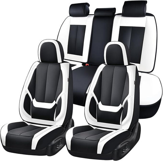 Coverado Seat Covers, Car Seat Covers Full Set, Leather Seat Covers for Cars, Car Seat Protector, Black Car Seat Covers Front Seats and Back Seats Universal Fit for Most Cars White