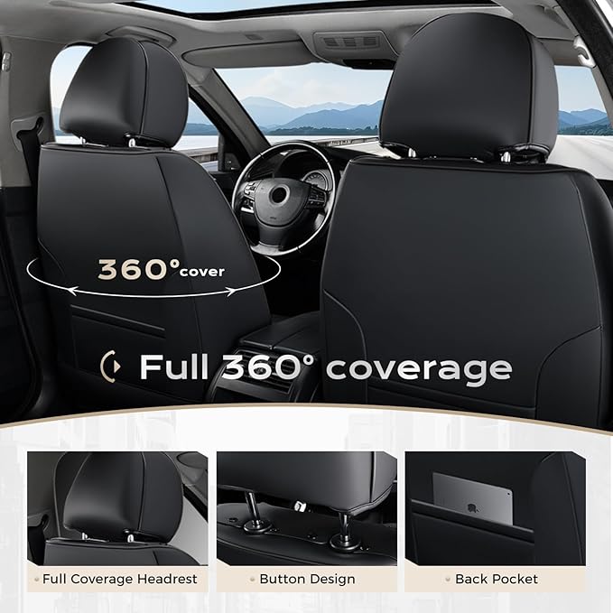 Coverado Car Seat Covers, Leather Seat Covers Full Set, Waterproof Car Seat Protector with Lumbar Support, Automotive Seat Covers Seat Cushions Universal Fit for Most Cars SUV Trucks, (Black&Beige)
