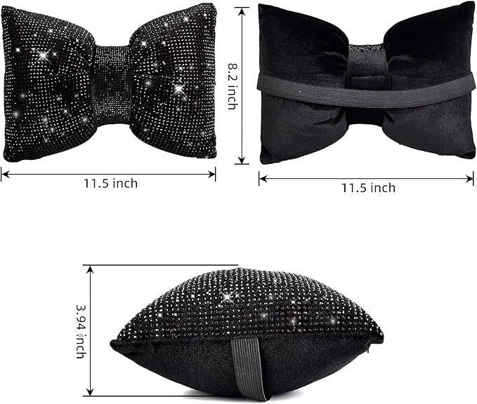 2 PCS Bling Car Pillows,Rhinestones Bowknot Car Headrest Pillow,Car Neck Pillow for Driver Relax Necksupport,Sleeping Travel Support Neck Pillow,Shiny Diamond Interior Accessories for Women,Black