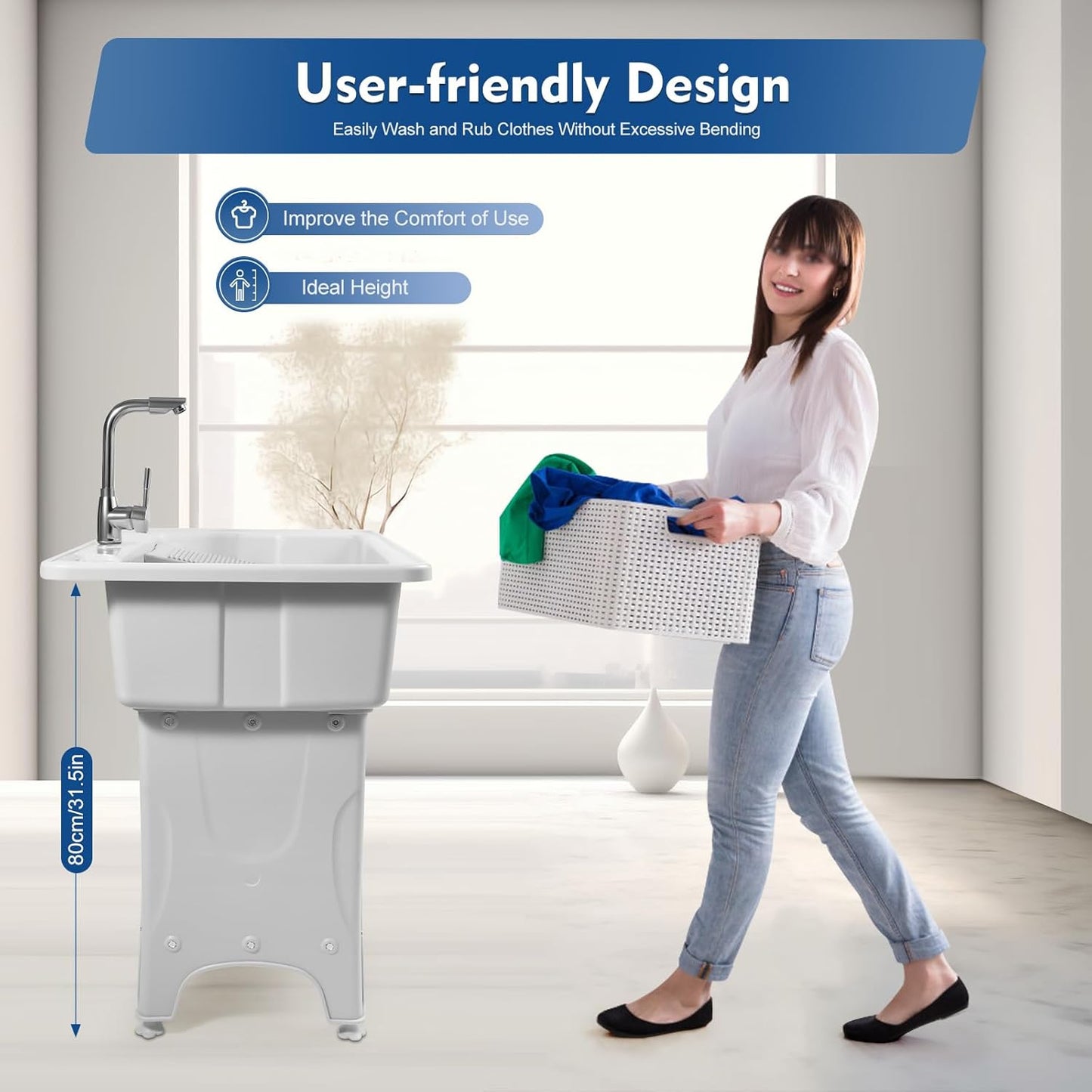 Freestanding Utility Sink Plastic Laundry Tub Spacious Sink with Storage Shelf Indoor Outdoor Wash Station for Bathroom Washing Room (Gray, 31.5*22.05*31.5in)