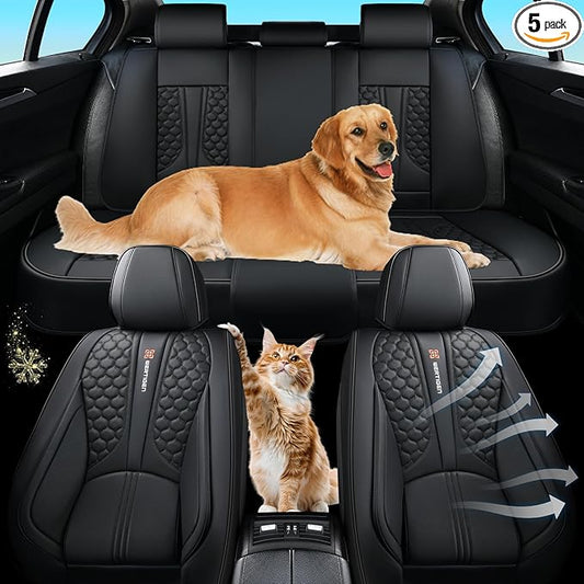 Black Leather Car Seat Covers - Luxury Waterproof Car Seat Covers with Lumbar Support, Non-Slip Base, and Airbag Compatibility; Suitable for Sedans, Suvs, and Pickups.