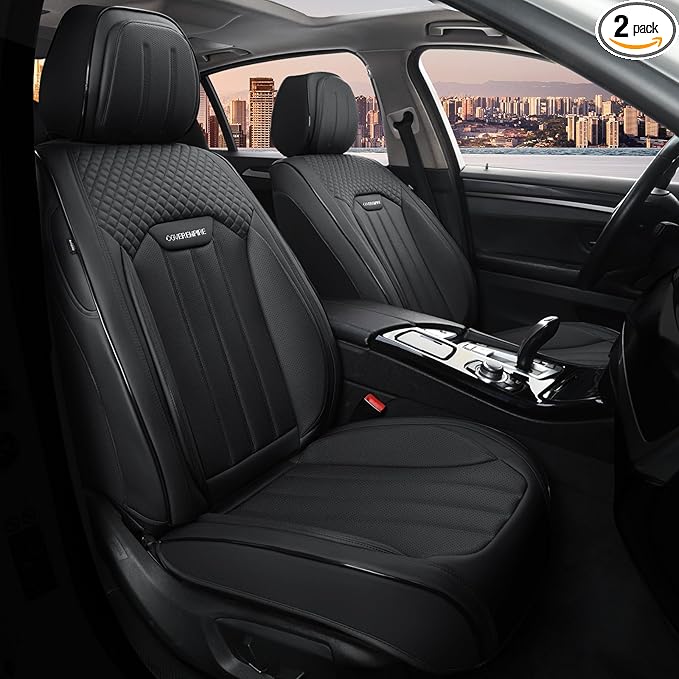 Leather Seat Covers for Cars, 2Pcs Universal Front Automotive Seat Covers, Full Coverage Waterproof Car Seat Covers for Most Trucks, SUVs, Sedans, Luxury Breathable Auto Seat Cover, Black