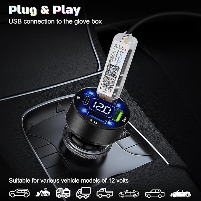 Dreamcolor Acrylic Interior Car LED Strip Light with USB/Type C/4-Port Cigarette Lighter, RGB 6 in 1 with 179.24 inches 650 LEDs Ambient Lighting Kits, Sound Active Function Neon Led Strips for Car