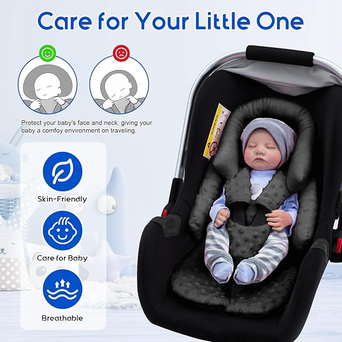 Newborn Car Seat Head Support with 3 Shoulder Covers Set, 2-in-1 Reversible Infant Car Seat Insert, Thickened Car Seat Cushion for Baby, Carseat Head Support for Preemie to Infant