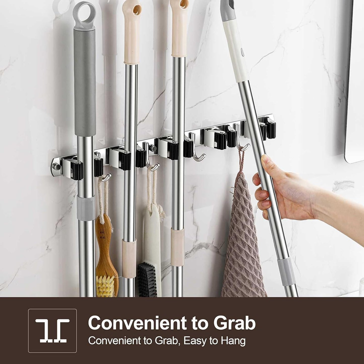2 Pack Broom Holder Wall Mount, Stainless Steel Broom Hanger Wall Mount, Heavy Duty Mop and Broom Holder Tool Racks Utility Hooks for Laundry Room Garden Garage, Black (4 Racks and 5 Hooks)