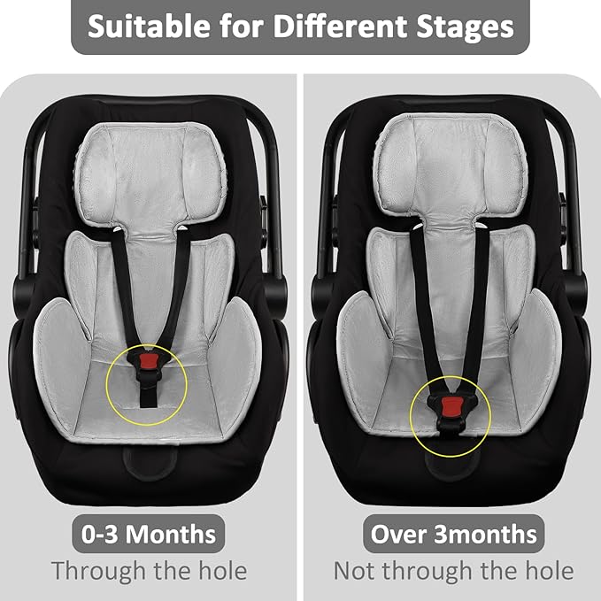 Infant Car Seat Insert Head and Body Support Thickened, GFU 3-in-1Reversible Newborn Insert for Carseat with Strap Pads, Soft Stroller Cushion Pillow Insert for Boys and Girls, Grey