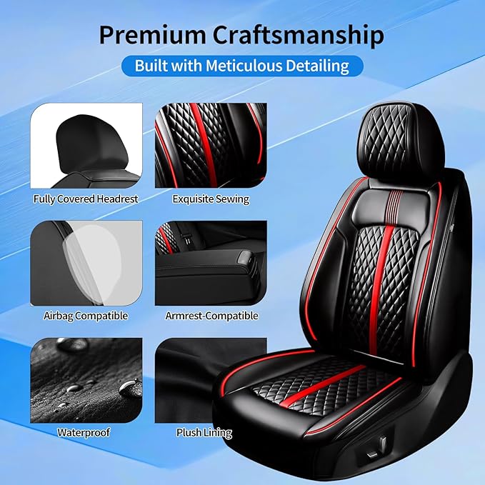 Fit Insight Car Seat Covers (Front Pair) for Select Honda Insight 2010-2022 - Premium Leather, Airbag Compatible & Scratch-Resistant, Waterproof & All Weather Seat Protector, Red Trim