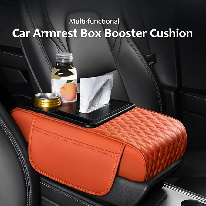 5-in-1 Car Armrest Pad Cushion, Water Ripple Embossed Center Console Booster Pad with Tissue Box, Cup Holder, Storage Bag, Phone Slot, Fit for Most Sedan Vehicles (Water Ripple Series, Beige)