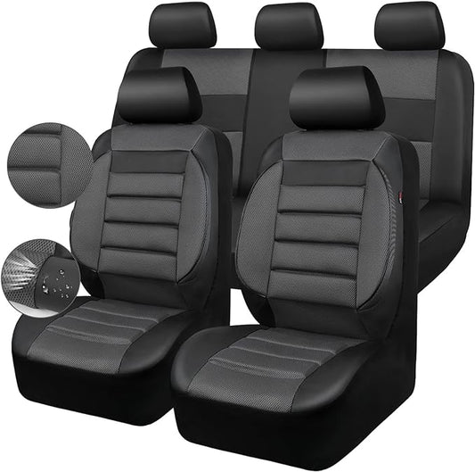 CAR PASS Leather 3D Foam Back Support Car Seat Covers Full Set Air Mesh Automotive Seat Covers, All Season Car Seat Cover Fit Automotive,SUV,Sedan,Van, Airbag Compatible Elegance (Black Charcoal Gray)