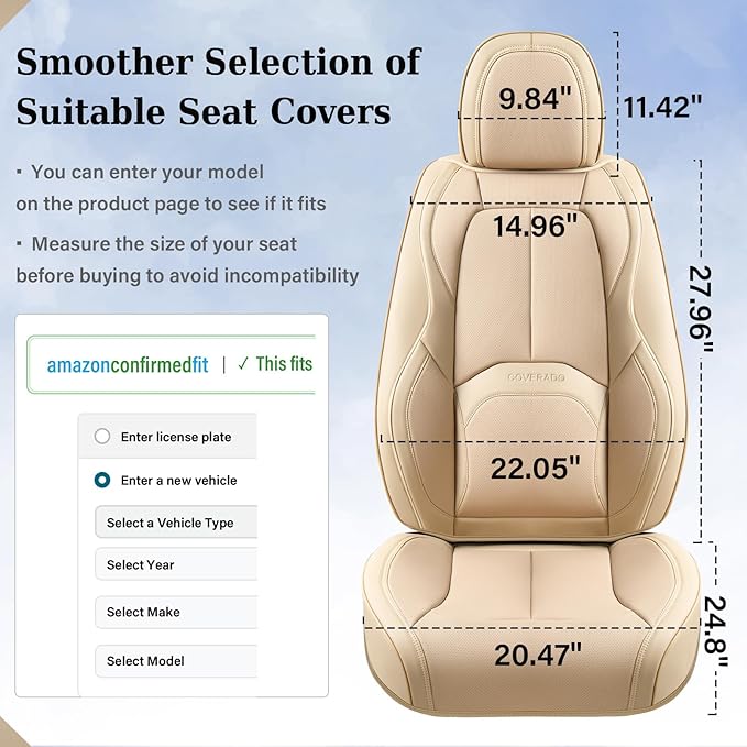 Coverado Seat Covers, Car Seat Covers Front Seats, Premium Nappa Leather Seat Covers for Cars, Waterproof Car Seat Protector with Lumbar Support, Front Seat Covers Universal Fit for Most Cars (Beige)
