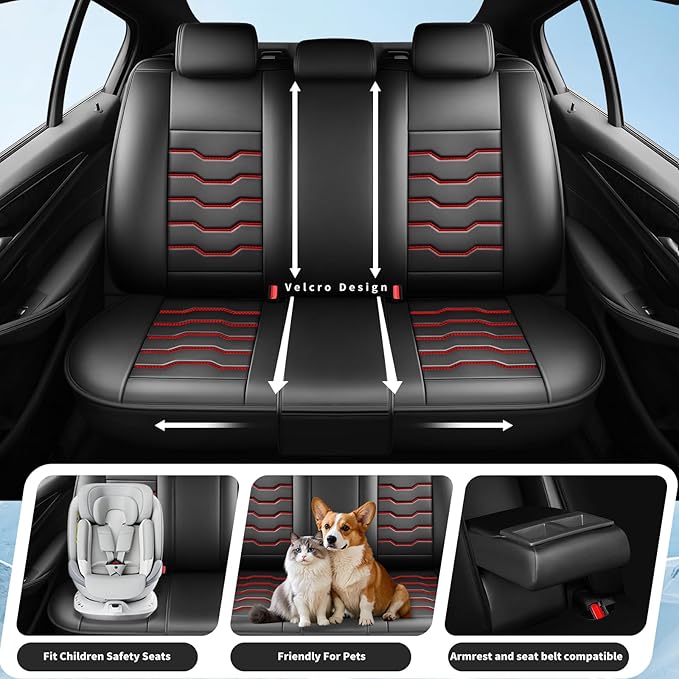 Fit CRV Car Seat Covers Premium Leather for Honda CRV cr-v 2011-2025 2026. Waterproof， Breathable, Scratch-Resistant & All-Weather Seat Cushion Protector (Full Set,Red Line Black)