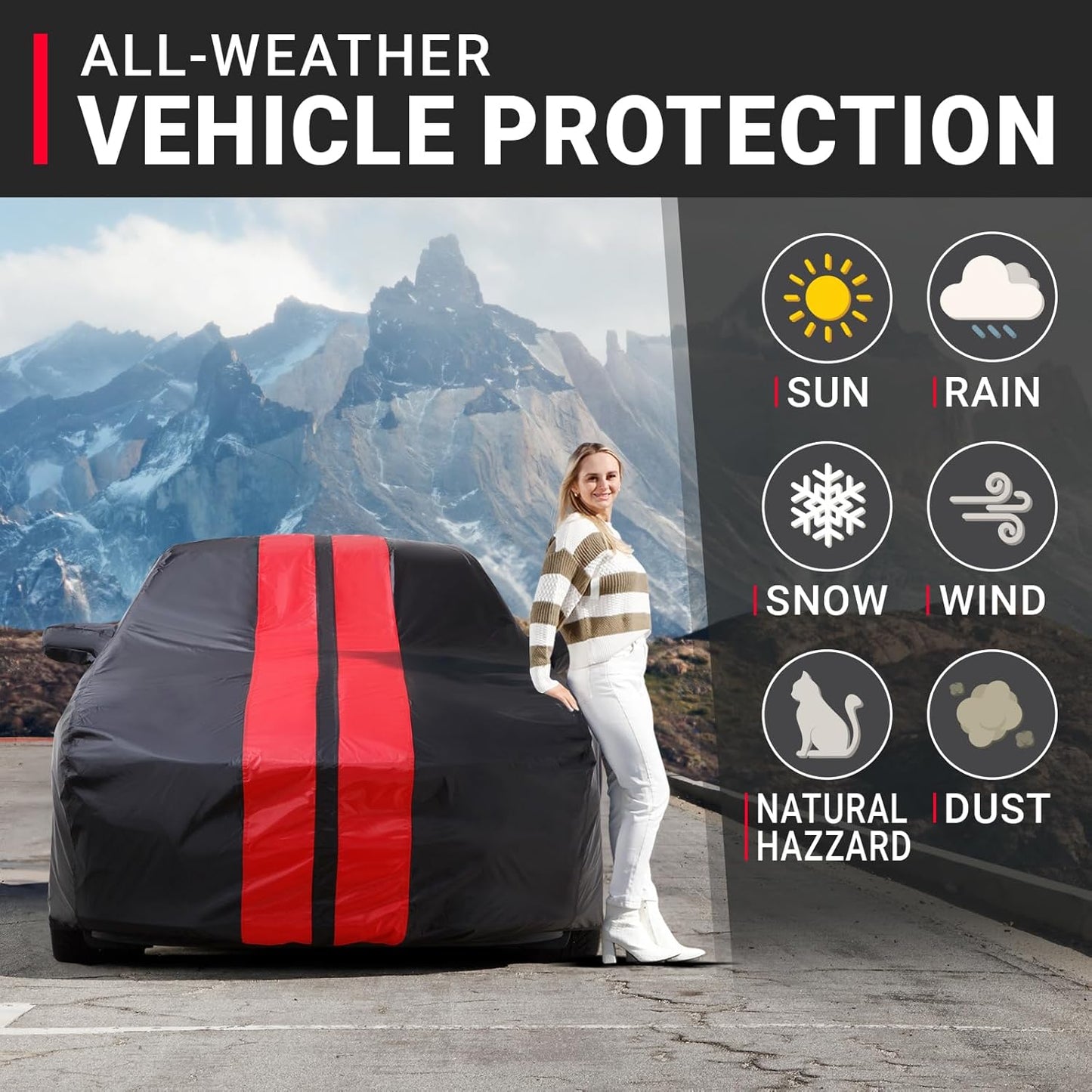 iCarCover Custom Car Cover for Pontiac Sunfire Sedan, Convertible (1995-2002) Waterproof All-Weather Rain Snow UV Sun Protector Full Exterior Indoor Outdoor Car Cover (Stripe - Black/Red)