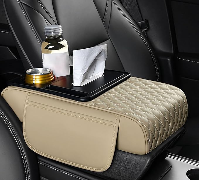 Car Armrest Center Console Cover for Acura MDX 2000–2025, Center Console Pad with Cup Holder, Multifunctional Armrest Cushion,E Beige