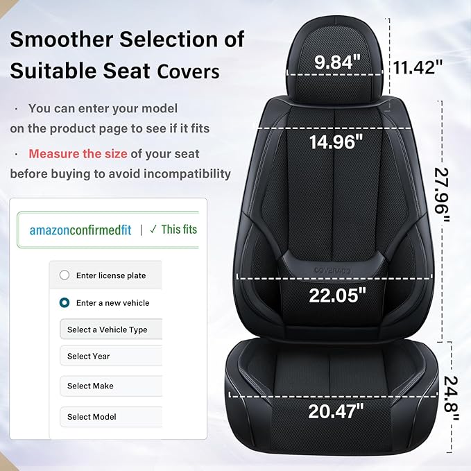 Coverado Front Seat Covers, 2 Pieces Universal Seat Covers for Cars, Breathable Fabric & Leather Car Seat Protectors, Car Seat Cushions Auto Accessories Fit for Most Sedans SUV Truck, Black