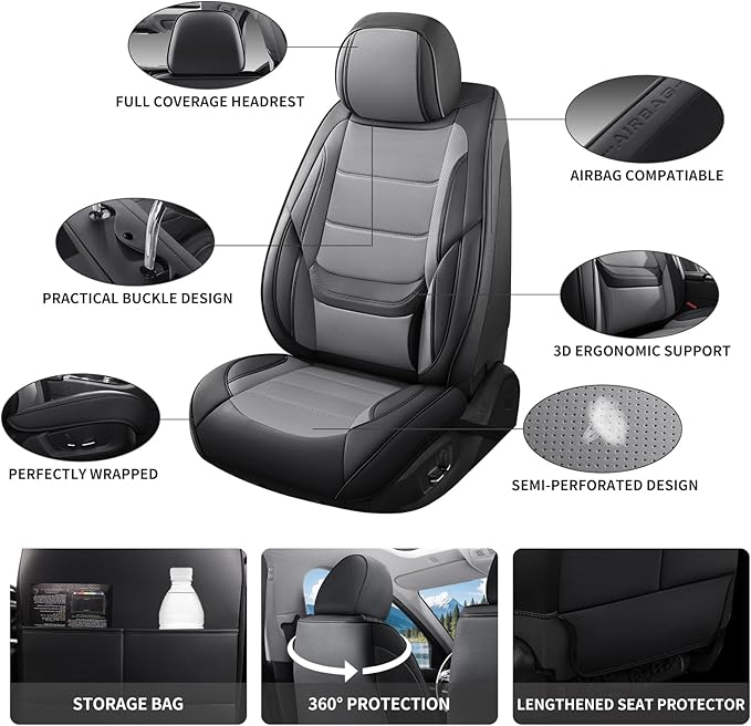 Car Seat Covers Full Set Custom Fit for Saturn ION 2003-2010,Premium Faux Leather with Lumbar Support, Breathable, Anti-Slip & Soft Touch(blackgray,Fullset)
