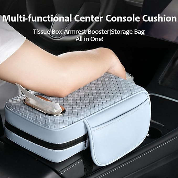 Car Armrest Cushion Cover Car Center Console Memory Foam Booster Pad with Storage Pocket and Tissue Hole for Sedan Vehicle (Grey, 12.99 * 7.09 * 2.95'' / 33 * 18 * 7.5 cm)