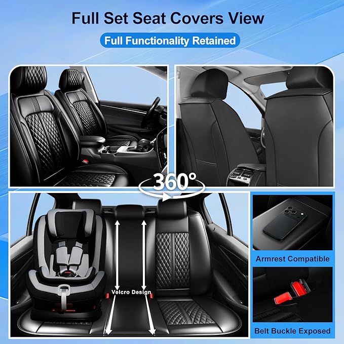 Car Seat Covers (Front Pair) for Select Honda Fit 2007-2020, Premium Full Coverage Leather, Airbag Compatible& Scratch-Resistant, Waterproof & All Weather Breathable Seat Protector, Black