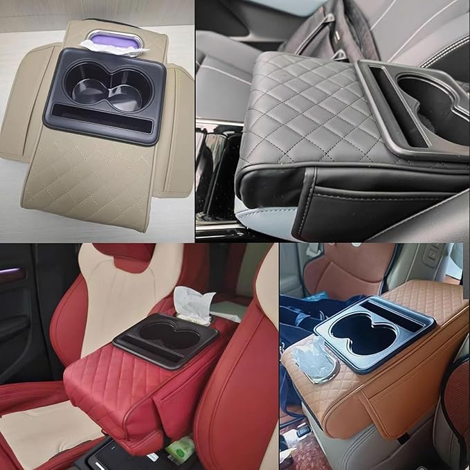 Car Armrest Cushion for Toyota Corolla X E140, E150 2006 2007 2008 2009 2010 2011 2012, Car Center Console Cover Armrest Pad with Cup Holder and Tissue Box, Car Accessories,Beige