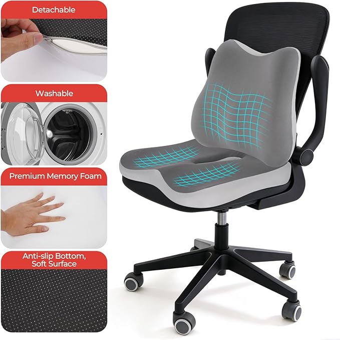 Car Seat Cushion & Lumbar Support Set, Memory Foam Seat Cushion for Long Sitting & Driving, Ideal for Truck Bus Van Drivers, Office Chair Cushion Set (Gray) (Gray)