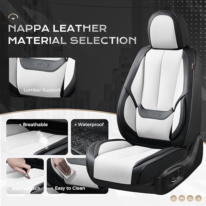 Coverado Seat Covers, Car Seat Covers Full Set, Leather Seat Covers for Cars, Car Seat Protector, Black Car Seat Covers Front Seats and Back Seats Universal Fit for Most Cars White