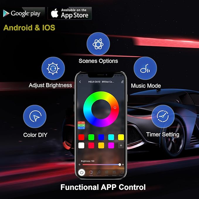 Underglow Car Lights, 4 pcs RGB-IC Smart LED Lights with APP and Remote Control, 16 Million Colors DIY Sound Active Function Music Mode, Underglow Kit for Car, SUVs, Trucks (Multicolor)