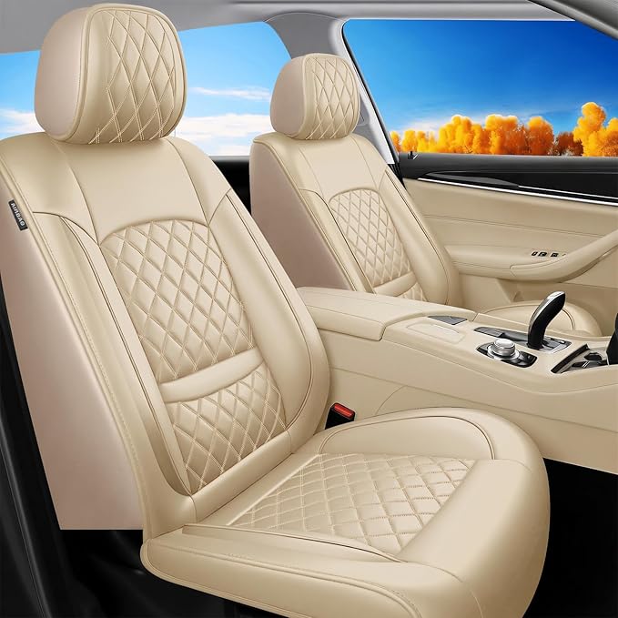 Fit Ioniq Car Seat Covers for Hyundai Ioniq 2017-2026 - Premium Leather, Waterproof, All-Weather, Airbag Compatible, Anti-Slip, Breathable, Easy Install, Seat Protectors, Full Set, Beige
