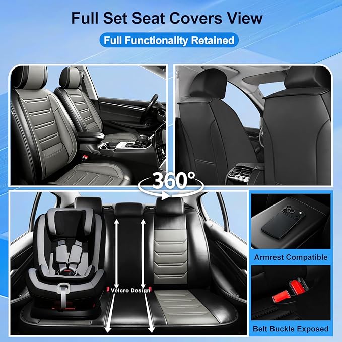 Fit CRV Car Seat Covers for Select Honda CR-V 2011-2026 - Premium Full Coverage Leather, Airbag Compatible, Waterproof & All Weather Seat Protector, Airbag Compatible, Full Set, Black+Gray