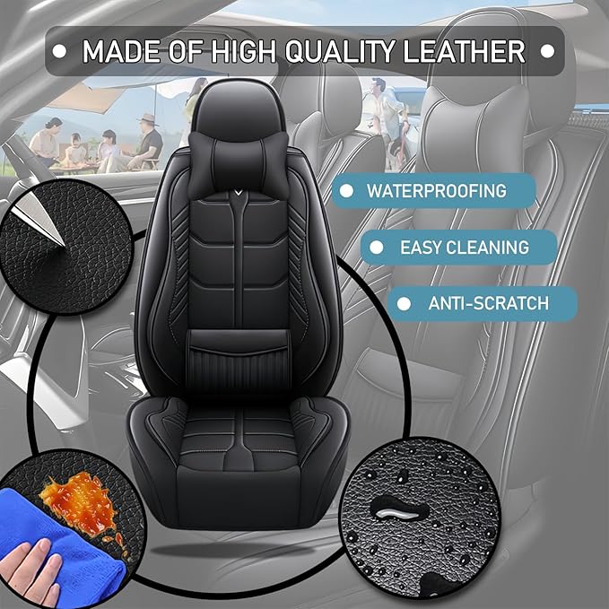 Leather Car Seat Covers Fit for Toyota Highlander 2001-2024, 5 Seater Car Seat Cover, Premium Waterproof, Scratch Resistant Car Interior Accessories (Full Set with Pillow Black)