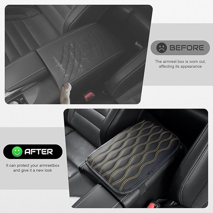 Amiss Auto Center Console Pad, Universal Waterproof Armrest Seat Box Cover, Car Interior Accessories, Leather Auto Armrest Cover Protector for Most Vehicle, SUV, Truck (Yellow-Line)