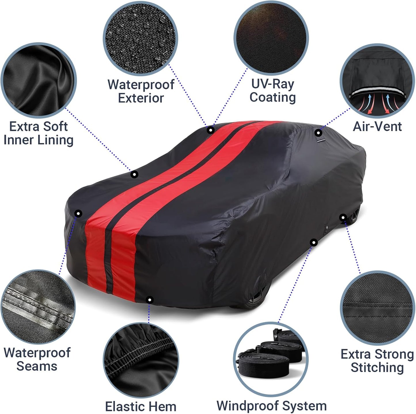 iCarCover Custom Car Cover for Pontiac Lemans Hatchback (1988-1993) Waterproof All-Weather Rain Snow UV Sun Protector Full Exterior Indoor Outdoor Car Cover (Stripe - Black/Red)