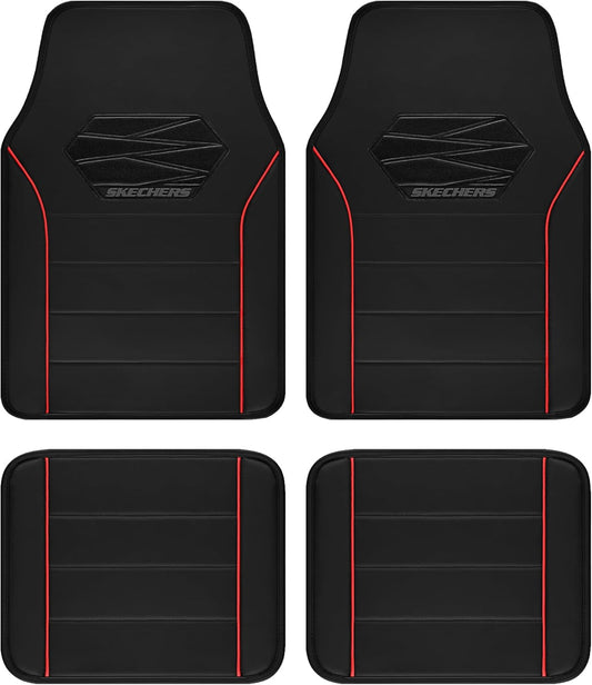 Skechers Memory Foam Car Mats,Leather Piping Floor Mats with Anti-Slip Pad,Universal Waterproof Fit Automotive Floor Mats for SUV,Vans,sedans,Trucks,Full Set 4pcs Red