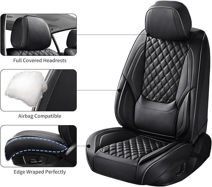 Car Seat Covers Front Seats, Luxury Faux Leather Car Seat Covers Waterproof Non-Slip Seat Protector Universal Fit for Most Cars SUVs Trucks Pick-ups, Black Car Accessories Interior