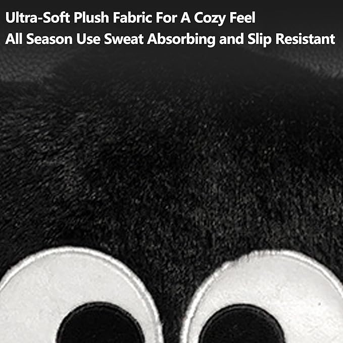 Car Headrest Pillow & Steering Wheel Cover Set with Cute Big-Eyed Furball Travel Neck Support Pillow Fur Car Interior Accessory (Black 5Pcs Set)