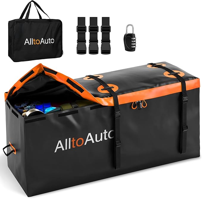 50 CuFt Waterproof Cargo Bag for Hitch Carrier | 72"x36"x35" Trailer Hitch Cargo Carrier | Weatherproof Truck Bed Storage with Straps, Lock & Carry Case | PVC Vehicle Soft-Shell Carriers