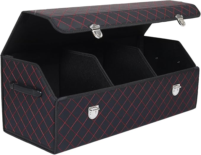 Trunk Organizer with Lid for Car Foldable Storage Box Heavy Duty PU Leather Cargo Organizer for SUV Sedan Waterproof (Red, Large)