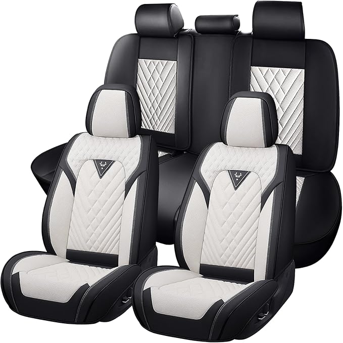 Truck Seat Covers for GMC Sierra 3500 2007-2026, Waterproof Premium Leather Full Coverage Car Seat Cover, Muscle Sport Style Auto Interior Seat Cover Sets (Full Set/Black White)