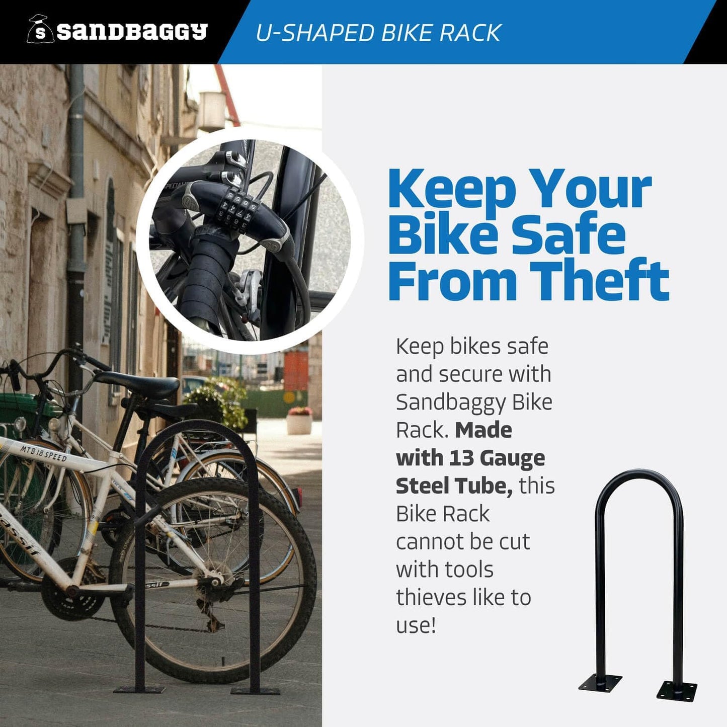 Sandbaggy In Ground Bike Rack | U Shaped, Commercial, Outdoor, 1 Loop, Galvanized Steel | Black, 14.5" x 34" (1)