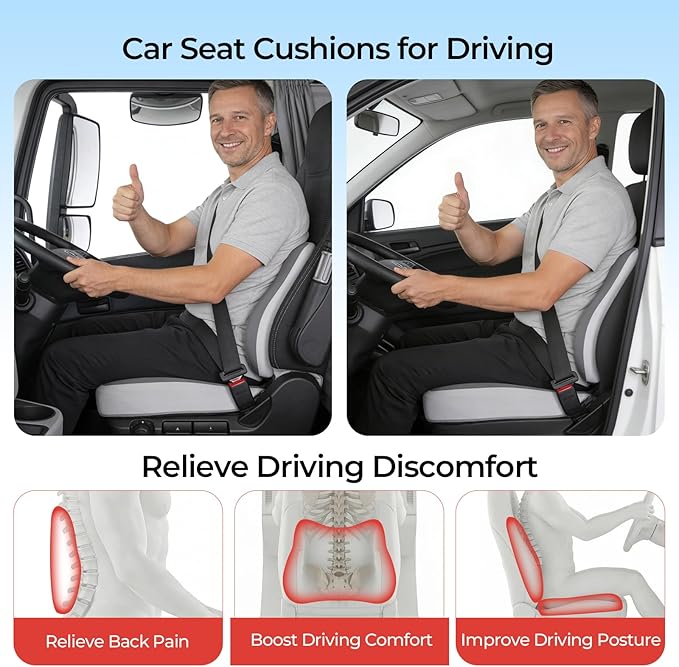 Car Seat Cushion & Lumbar Support Set, Memory Foam Seat Cushion for Long Sitting & Driving, Ideal for Truck Bus Van Drivers, Office Chair Cushion Set (Gray) (Gray)