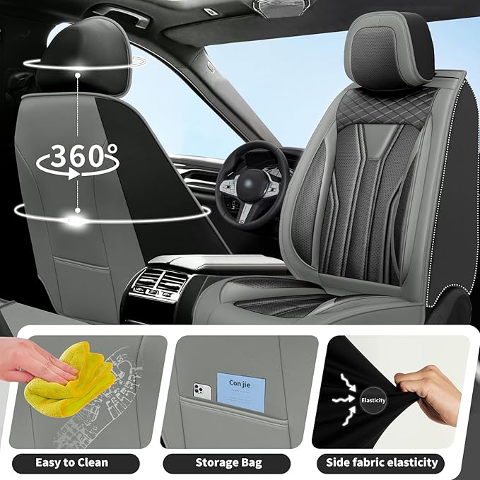 Fit Sentra Car Seat Covers Compatible with Nissan Sentra 2001-2025 2026 - Premium Leather， Waterproof Breathable， All-Weather Seat Cushion Protecto&Airbag Compatible (2 Front Seat Gray&Black)