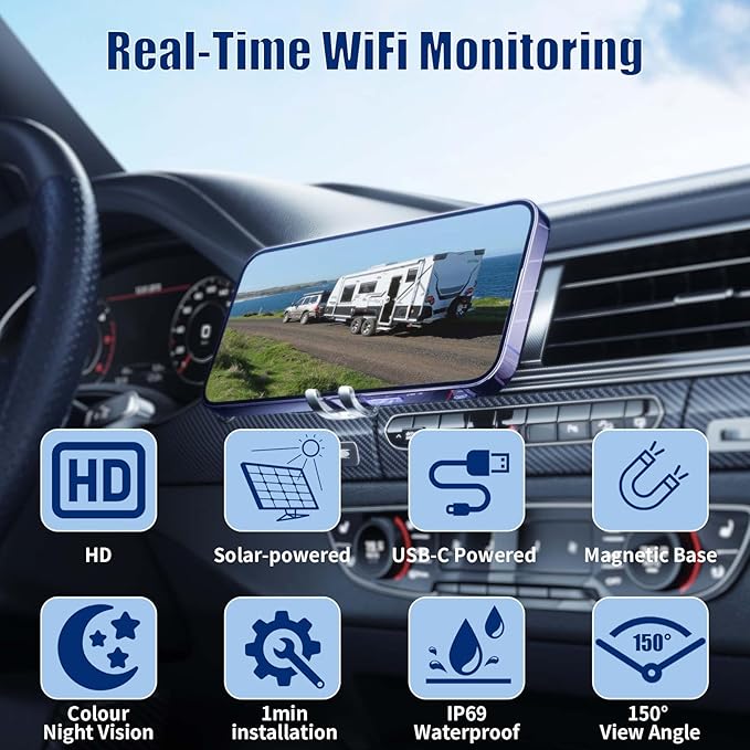WiFi Magnetic Solar Wireless Backup Camera, 10000mAh Rechargeable 1080P Rear View Camera for Truck RV Trailer Car, DVR Recording Night Vision, IP68 Waterproof, Easy Installation