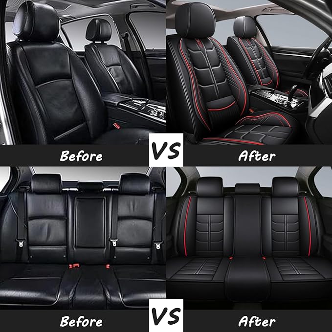 Leather Car Seat Covers Fit for Toyota Tacoma 2005-2024, 5 Seater Car Seat Cover, Premium Waterproof, Scratch Resistant Car Interior Accessories (Full Set Black Red)