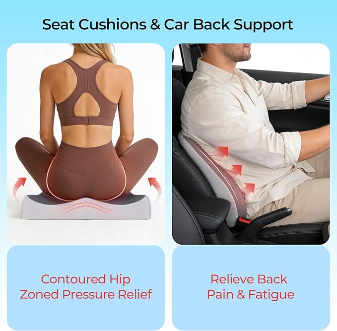Car Seat Cushion & Lumbar Support Set, Memory Foam Seat Cushion for Long Sitting & Driving, Ideal for Truck Bus Van Drivers, Office Chair Cushion Set (Gray) (Gray)