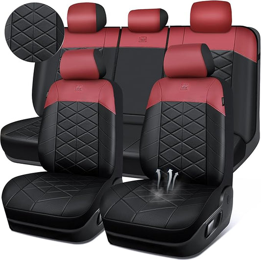 CAR PASS Nappa Leather Seat Covers for Car, Waterproof Seat Covers Full Set, Luxury 3D Rhombus Lined Sponge Airbag Compatible Universal Fit for Automotive SUV Truck Pickup Sedan, Black Red