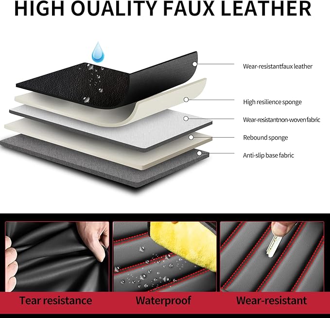 Fit Accord Car Seat Covers for Honda Accord 2003-2024 2025 2026 - Upgraded Premium Waterproof & Breathable Leather, Airbag Compatible, All-Weather Seat Cushion Protector (2 Front/Black+Red)