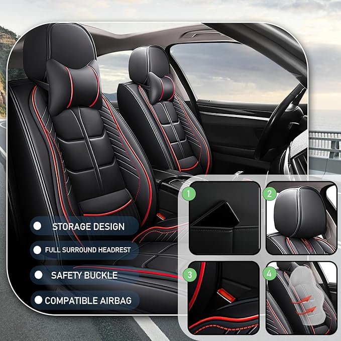 Leather Car Seat Covers Fit for Toyota Highlander Hybrid 2006-2024, 5 Seater Car Seat Cover, Premium Waterproof, Scratch Resistant Car Interior Accessories (Full Set with Pillow Black Red)